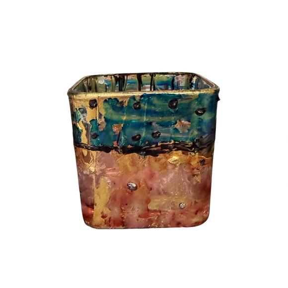 Abstract Hand Painted Gold Blue Pink Silver Glass Vase - Picture 4 of 4